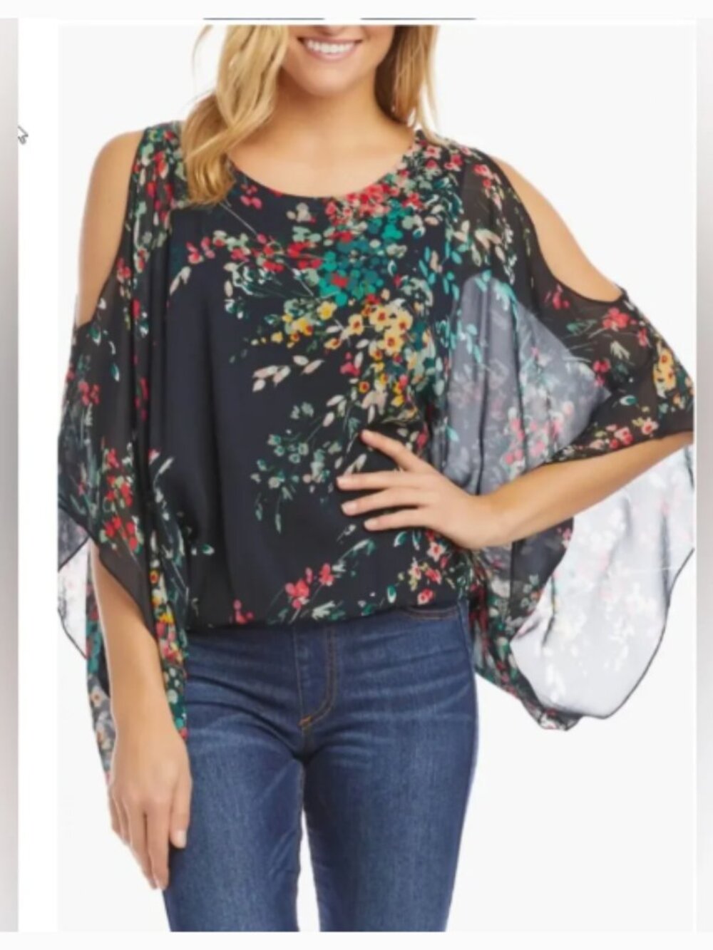 Karen Kane Dark Floral Scarf Blouse Medium Kimono Sleeves Boho Art to Wear NWT